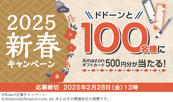 2025新春キャンペーン ドドーンと100名様にAmazonギフトカード500円分が当たる！応募締切2025年2月28日（金）13時